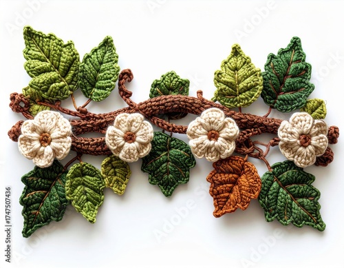 Crocheted Floral Vine with Green Leaves and Beige Flowers on White Background