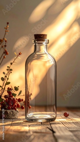 Empty Clear Glass Bottle with Cork Stopper and Red Berries on Rustic Wood