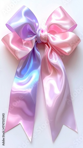 Iridescent Pink Purple Ribbon with Tied Knot on White Background Decorative Object