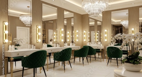 A luxurious beauty salon with multiple vanity stations, large mirrors with lights, emerald green chairs, and elegant chandeliers