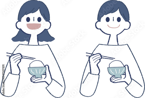 ごはんをよそったお茶碗とお箸を持っている男性と女性のイラスト