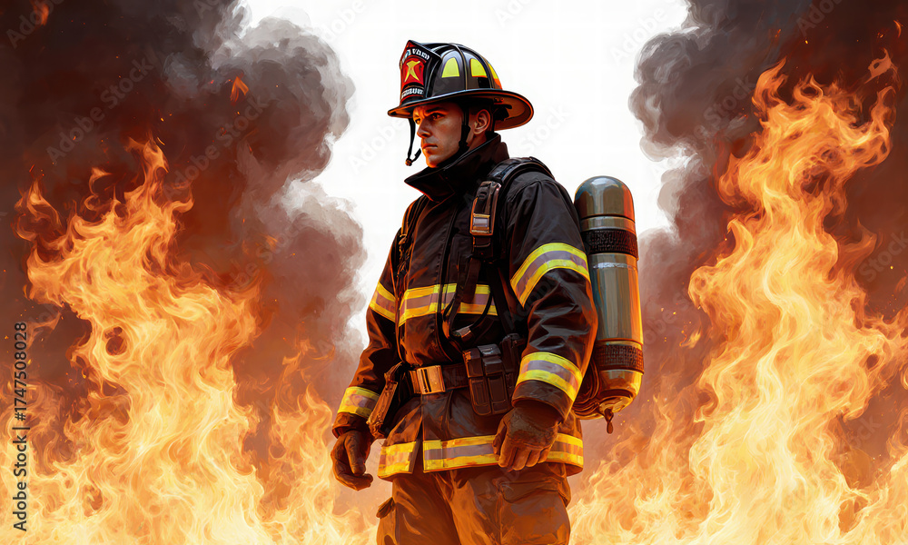 Fototapeta premium Brave Firefighter in Action Amidst Intense Flames and Smoke