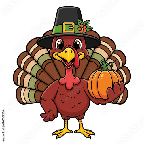 Cartoon turkey wearing a pilgrim hat, holding a pumpkin, celebrating Thanksgiving.