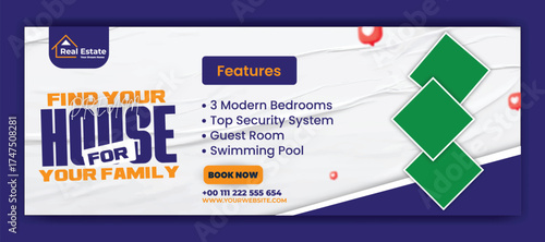 Real estate house sale facebook cover and web banner template . Home rent sale social media facebook cover page, timeline, header online web banner template design