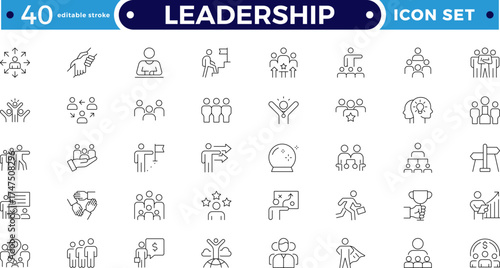 Leadership outline icon set. Containing leader, vision, guidance, mentorship, coaching, influence, charisma, challenge, lead, Motivation, Goal, Career, Mountain Peak. Editable stroke outline icon. 
