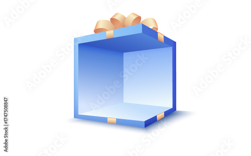 3D open blue gift box with golden ribbons and a bow on top, isolated on white background, symbolizing surprise, celebration, or reward. 3d vector illustration. Vector illustration