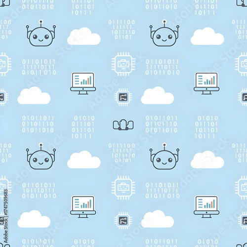 AI Robots & Machine Learning Icons. Flat vector style. Seamless pattern.