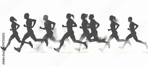silhouettes of eight people running in profile with overlapping motion blur effect on white background conveying dynamic energy and movement