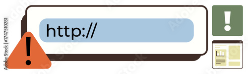 Address bar with http emphasizing insecure webpage access, red warning triangle with exclamation, alert icon, and webpage thumbnail. Ideal for cybersecurity, internet safety, digital risks