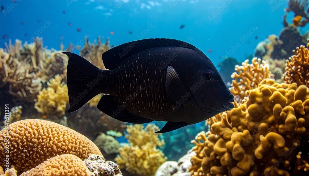 Obraz premium A dark fish swims near coral reefs in a vibrant underwater scene