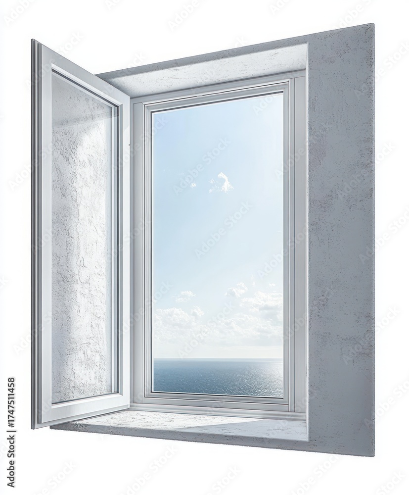 Obraz premium open white window revealing a calm sea horizon under a clear blue sky with soft clouds and bright sunlight reflecting on the water