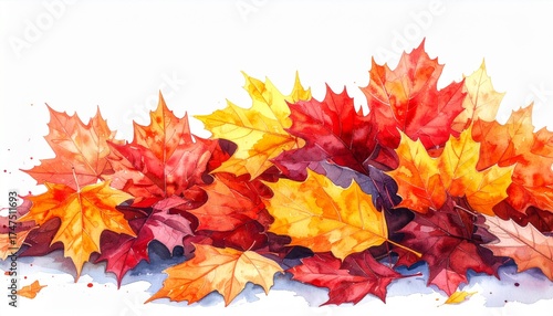 Watercolor Autumn Leaves Pile with Red Orange and Yellow Hues on White