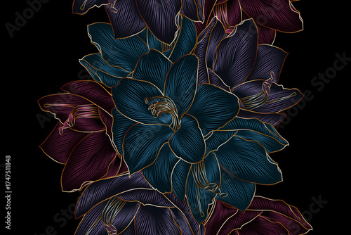Luxurious seamless floral pattern with hand drawn amaryllis flowers. Abstract pattern for fabric, wallpaper, interior design, invitations.