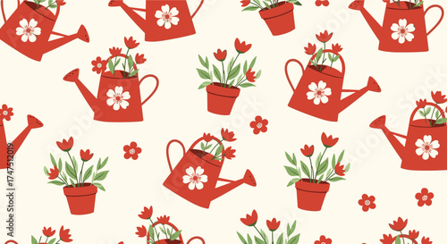 A whimsical pattern of red watering cans and potted tulips.