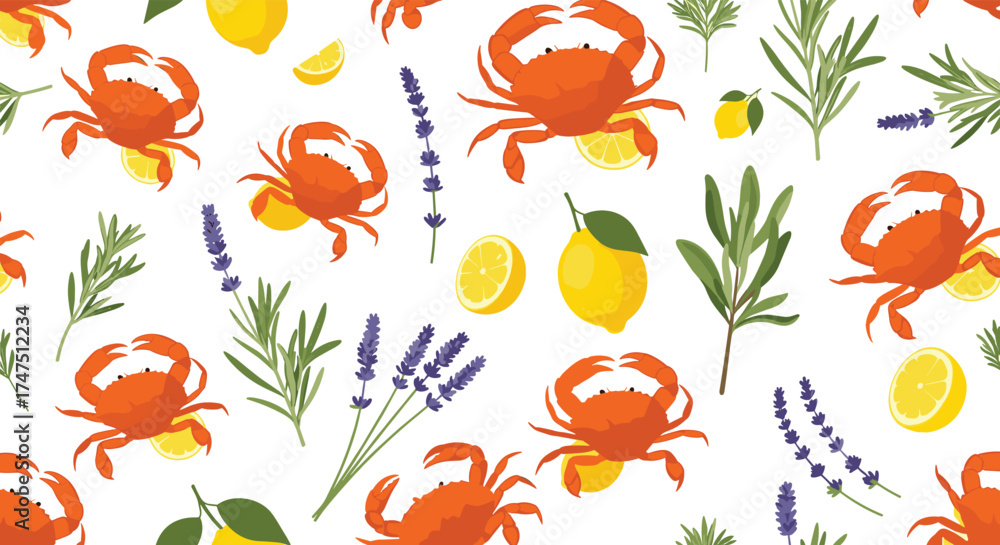 Obraz premium A delightful pattern featuring bright red crabs surrounded by fresh lemons and fragrant lavender sprigs.