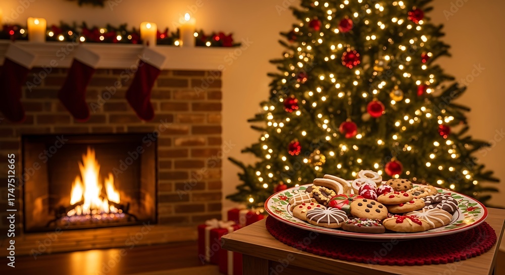 Fototapeta premium Warm Christmas Eve - Festive Cookies by a Crackling Fire and Glowing Tree.