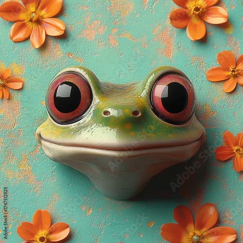 Close-up of a smiling green frog head with large red eyes surrounded by orange flowers on a textured turquoise background