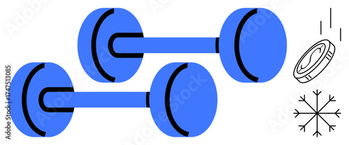 Two blue dumbbells with a falling coin and snowflake icon suggest exercise, fitness, investment, and adapting to seasons. Ideal for gym trends, wellness, sports, savings, motivation progress simple