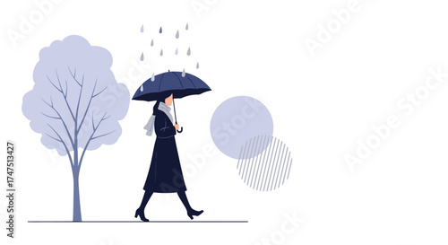 A woman with an umbrella walks under the rain next to a bare tree.