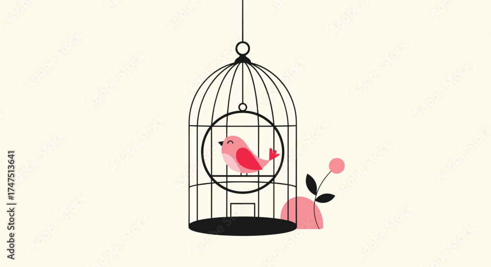 Fototapeta premium A small pink bird sits in a decorative cage with a rose nearby.