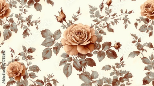 Seamless vintage floral pattern with detailed sepia-toned roses and leaves on a cream background conveying elegance and classic beauty