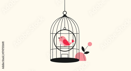 A small pink bird sits in a decorative cage with a rose nearby.