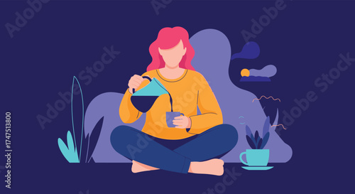 A woman enjoys a calming moment pouring coffee and meditating in peaceful serenity.