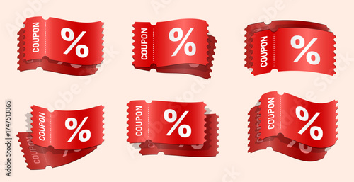 Set of red discount coupon vectors with percentage signs, curved and folded ticket styles, perfect for sales, promotions, and marketing campaigns. 3d vector illustration. Vector illustration