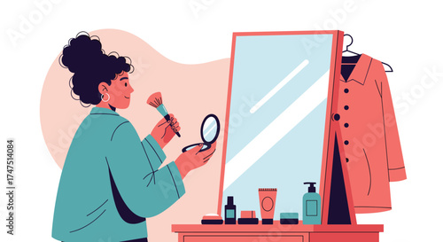 A young woman applies makeup in front of a mirror with various cosmetic products.