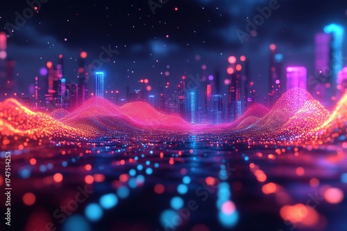 Futuristic digital landscape with glowing neon dots forming wave-like hills against a dark starry background and tall illuminated city skyline