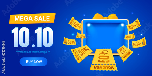 10.10 Mega Sale promotional banner featuring floating yellow discount vouchers offering 50% off, a glowing blue background, and a gift box with a ribbon. 3d vector illustration. Vector illustration