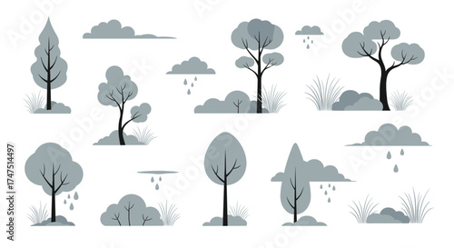 A collection of pixel art trees and clouds with rain showers in a simple gray color palette.