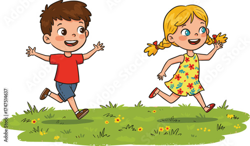 Happy children running on green grass, boy and girl playing outdoors, summer fun activity, joyful childhood illustration, healthy lifestyle