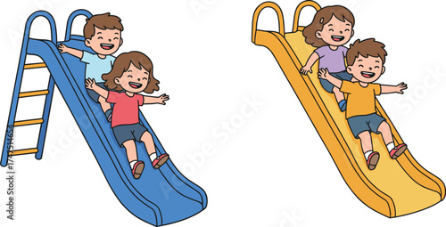 Happy children sliding down colorful playground slides, outdoor fun, childhood joy, laughter, friendship, active kids, summer playtime, cartoon illustration