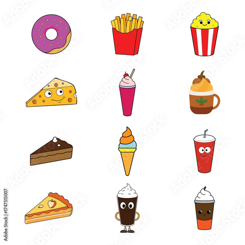 set of vector cartoon art fast food and drink