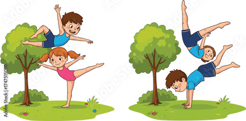 Happy kids performing gymnastics outdoors, children doing acrobatics, balance exercises, teamwork, flexibility, fitness, cartoon illustration, fun outdoor physical activity, healthy lifestyle