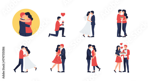 Collection of romantic couples in various poses expressing love and commitment.