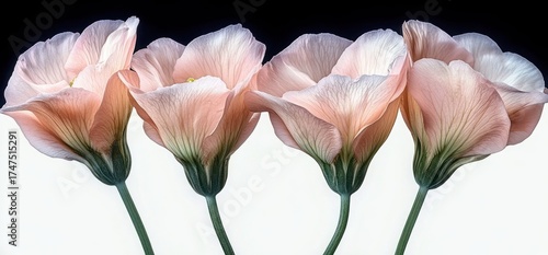 Wallpaper Mural Close-up of four soft pink delicate flower blossoms with green stems against a bright white background, conveying calm and gentle beauty Torontodigital.ca