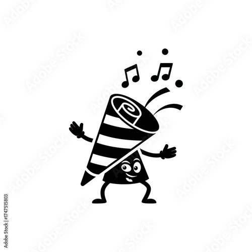 Cartoon party popper with music notes