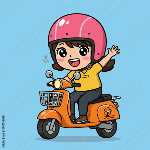 Smiling child in pink helmet rides orange scooter with flower design, waving cheerfully on light blue background.