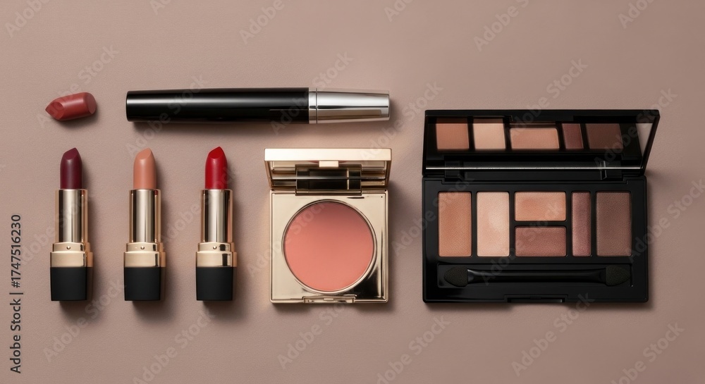 custom made wallpaper toronto digitalA flat lay showcases makeup essentials lipsticks, mascara, eyeshadow palettes, and blush on a neutral background, demonstrating beauty products