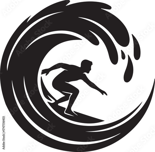 Surfer Riding Big Barrel Wave Silhouette Ocean Sport Vector Logo
