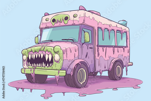 cartoon haunted ice cream truck with monster teeth grille, slime dripping from roof vector illustration