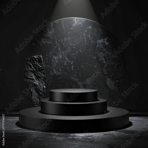 Minimalist Black Three Tiered Round Stage with Circle Backdrop in Spotlight