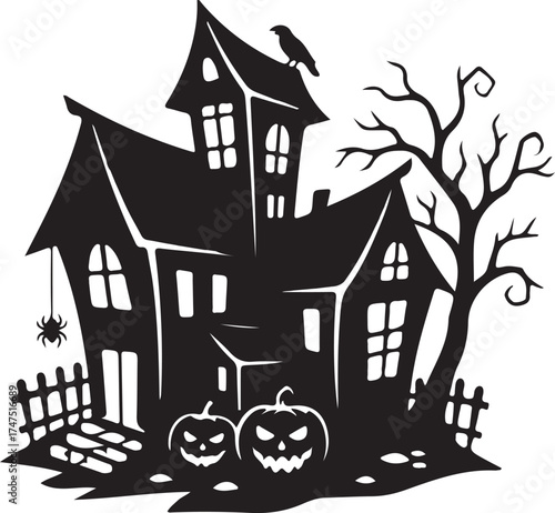 Hallowen Spooky Haunted House Silhouette with Jack-o'-Lanterns and Raven