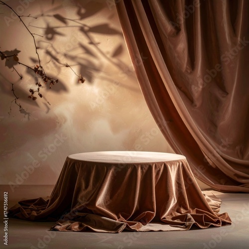 Elegant Round Pedestal Covered in Brown Velvet with Branch Shadow