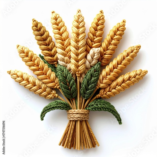 Golden Wheat Stalks Tied with Green Leaves on White Background