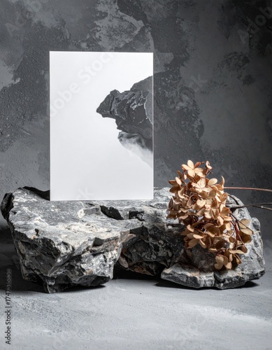 Blank White Card on a Rock Surrounded by Dried Flowers Against Dark Concrete Background