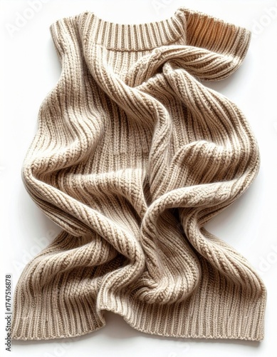 Beige Knitted Blanket with Woven Pattern in a Wavy Folded Arrangement on White Backdrop High Angle