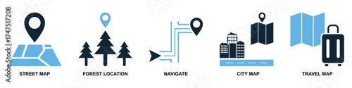 Set of location and navigation vector icons. Essential graphics for GPS, travel, and mapping applications. This collection is ideal for user interface, providing clear symbols for finding places